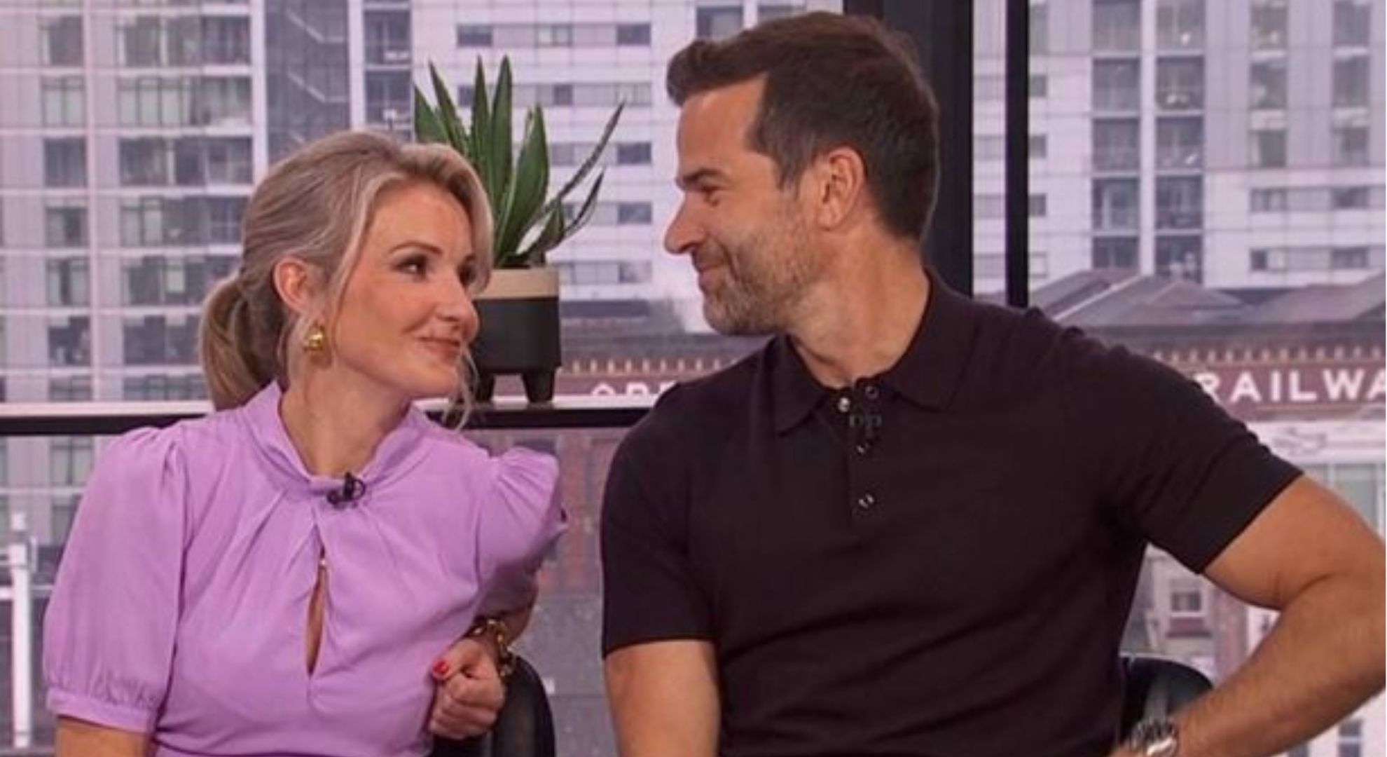 Helen Skelton and Gethin Jones looking at each other