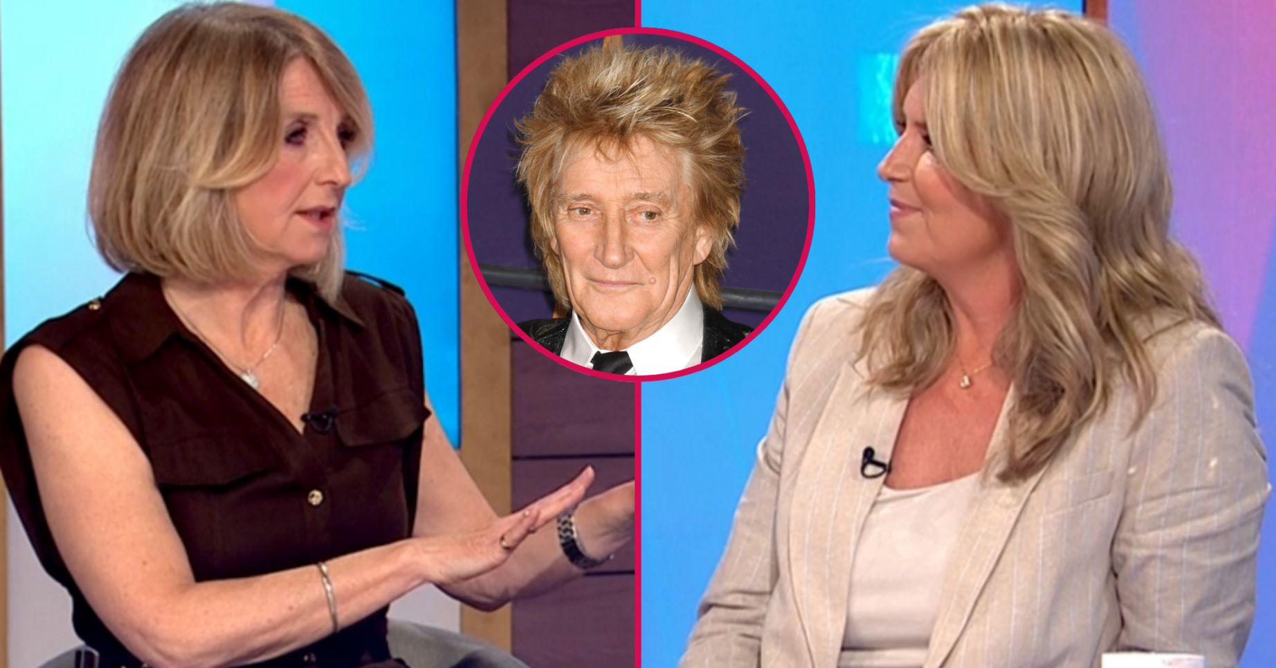 Kaye Adams and Penny Lancaster speaking on Loose Women and Rod Stewart inset