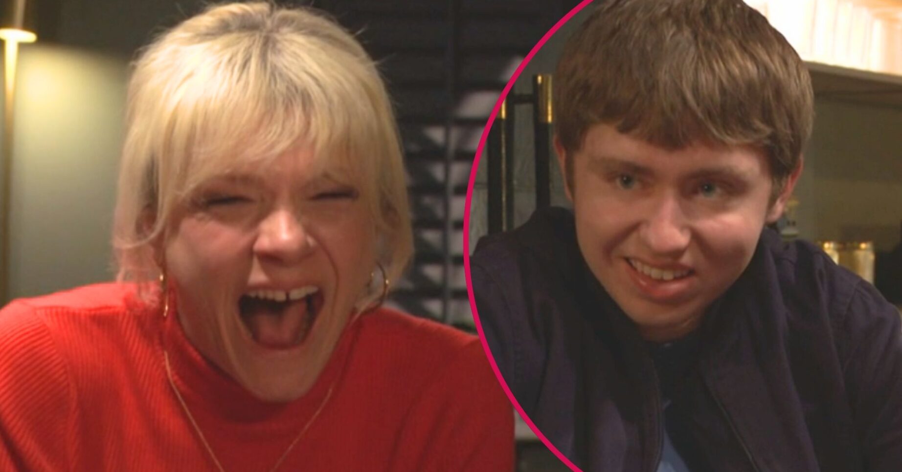 Nicola laughing maniacally on EastEnders; inset, Barney smiling (Picture: BBC/Composite: ED!)