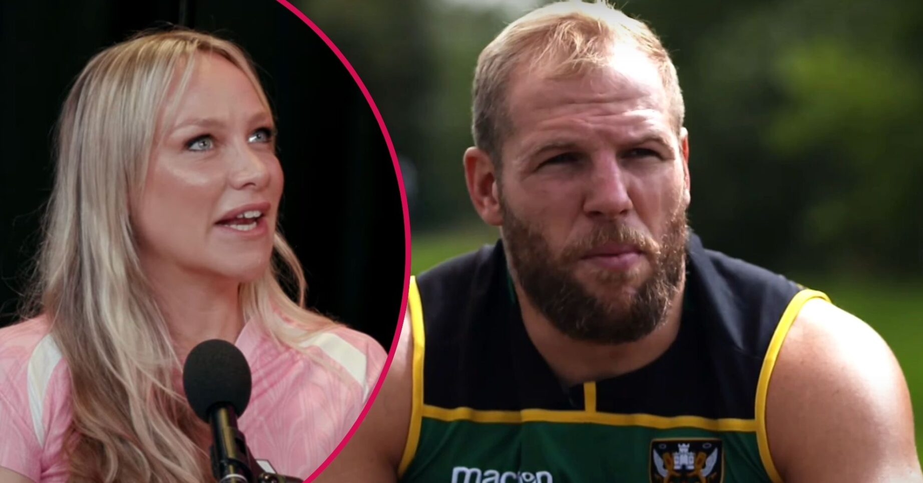 Chloe Madeley on a podcast / James Haskell looking sad