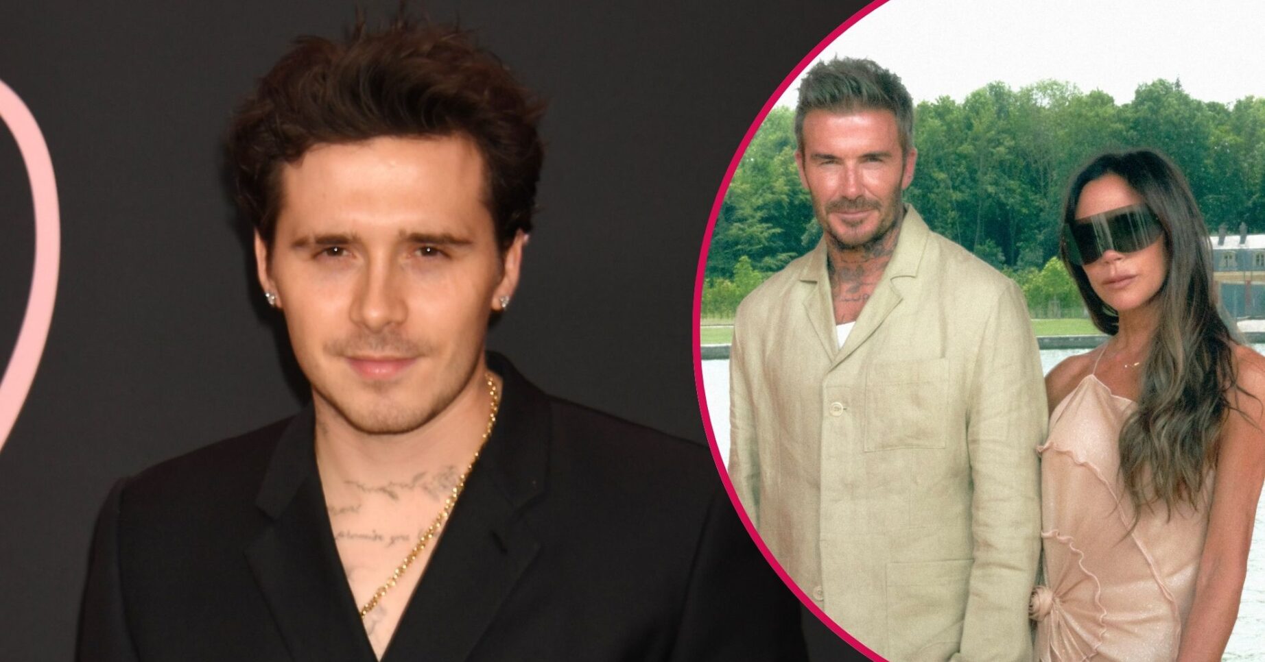 Brooklyn Beckham smiling / David and Victoria Beckham posing