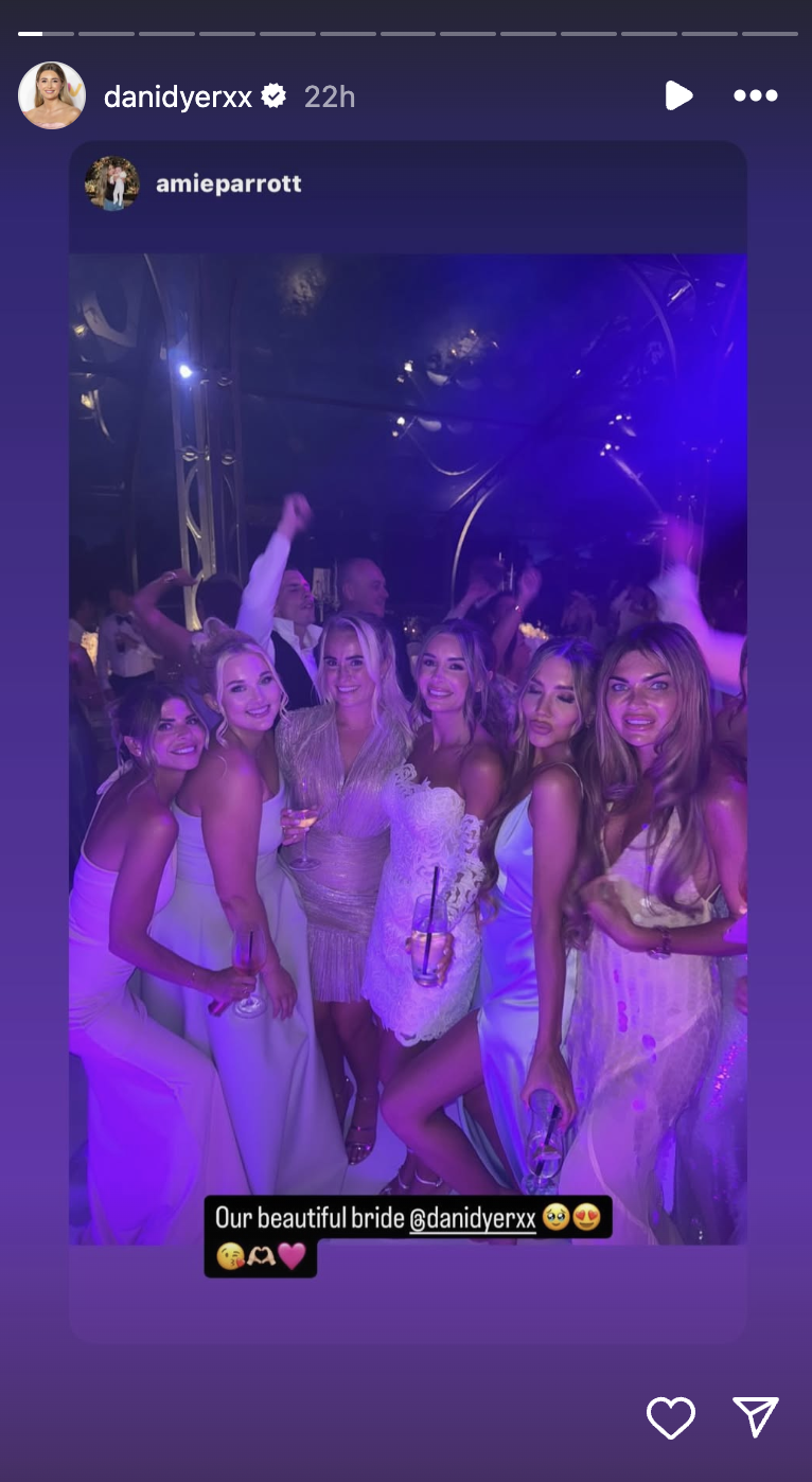 Dani Dyer resharing friends Instagram story of wedding