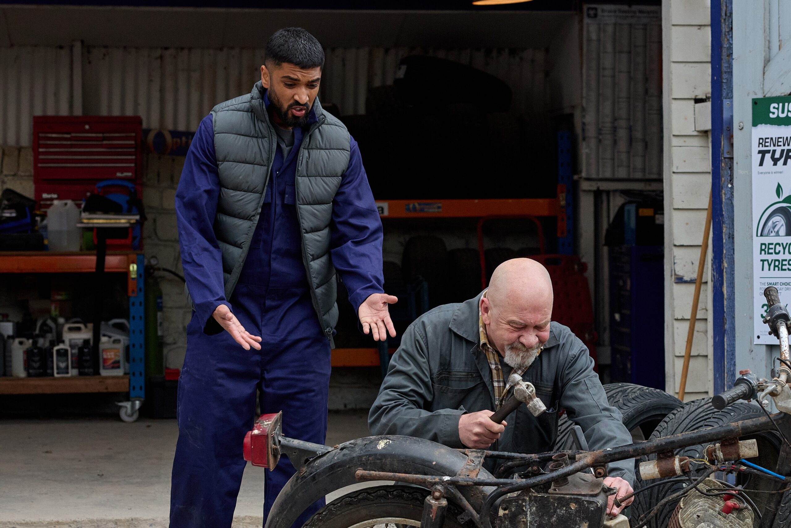 Kammy and Bear at the garage in Emmerdale