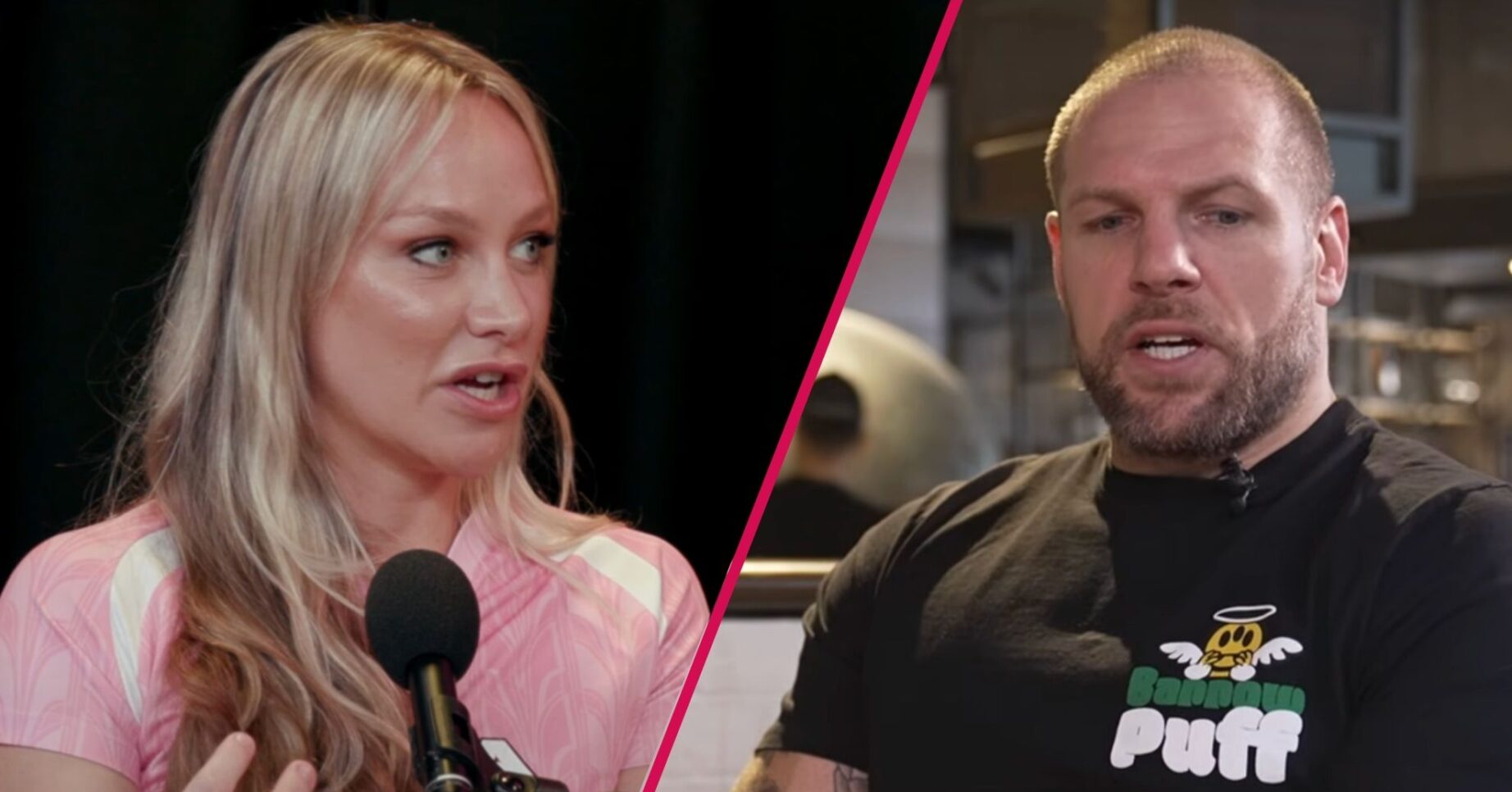 Chloe Madeley on a podcast / James Haskell speaking during a podcast