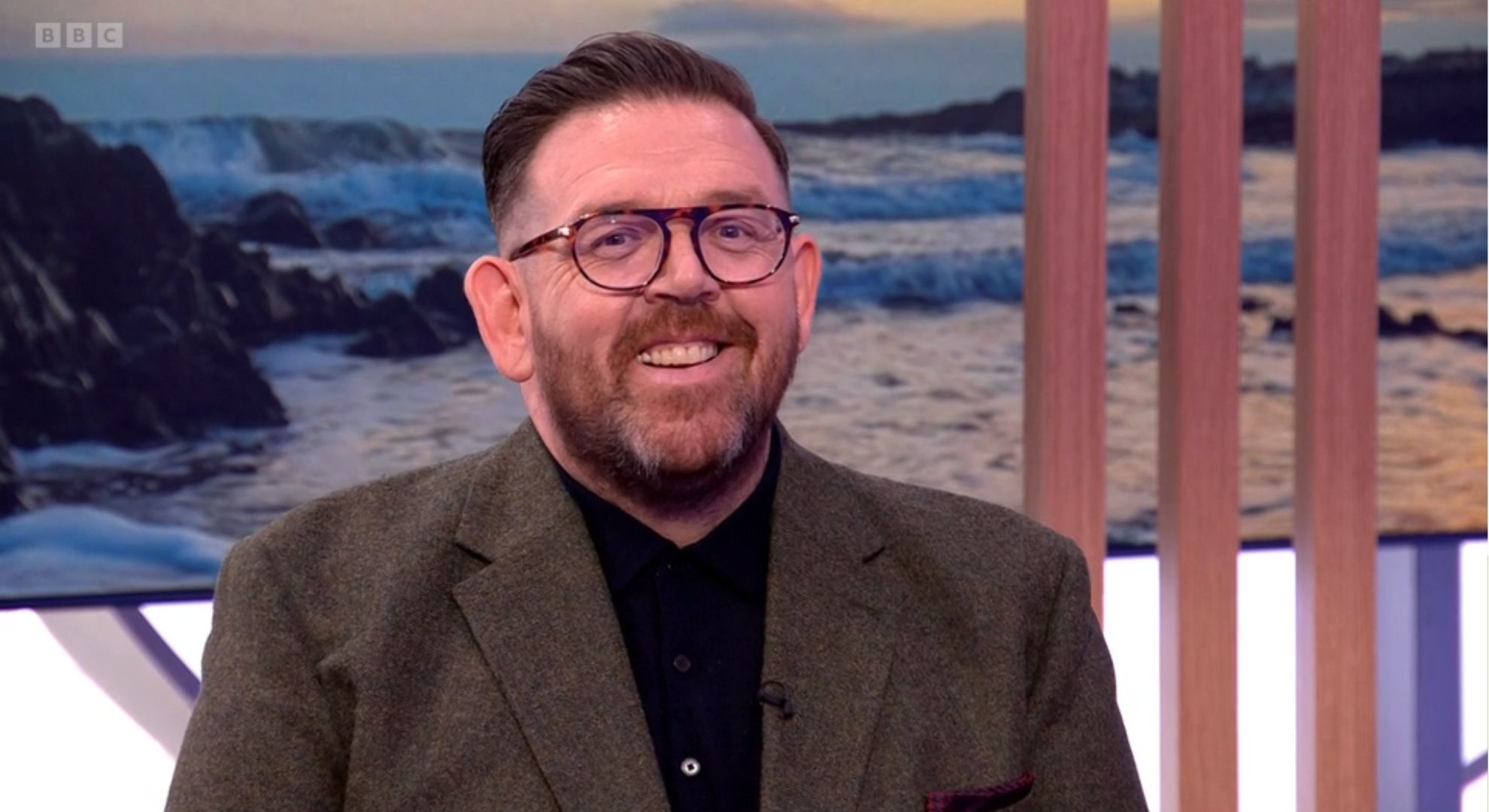 Nick Frost smiling on The One Show