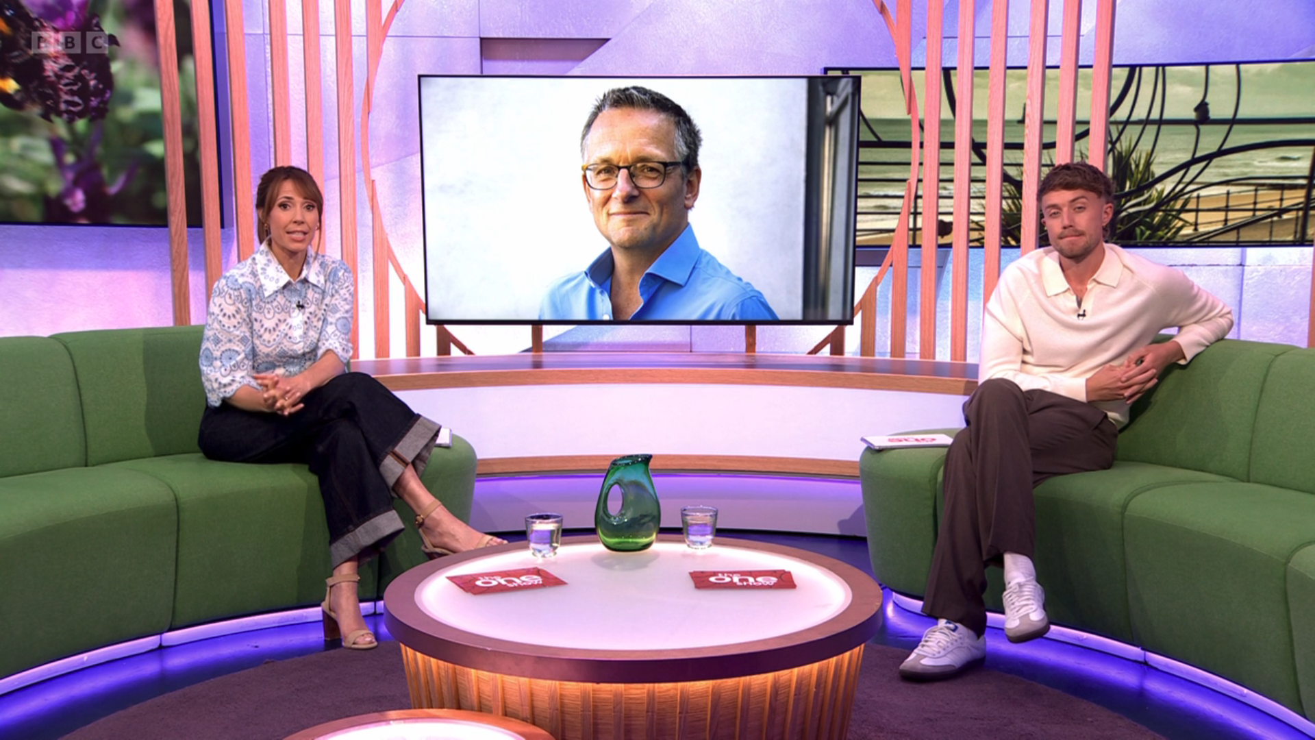 Alex Jones and Roman Kemp looking sad on The One Show and Michael Mosley inset