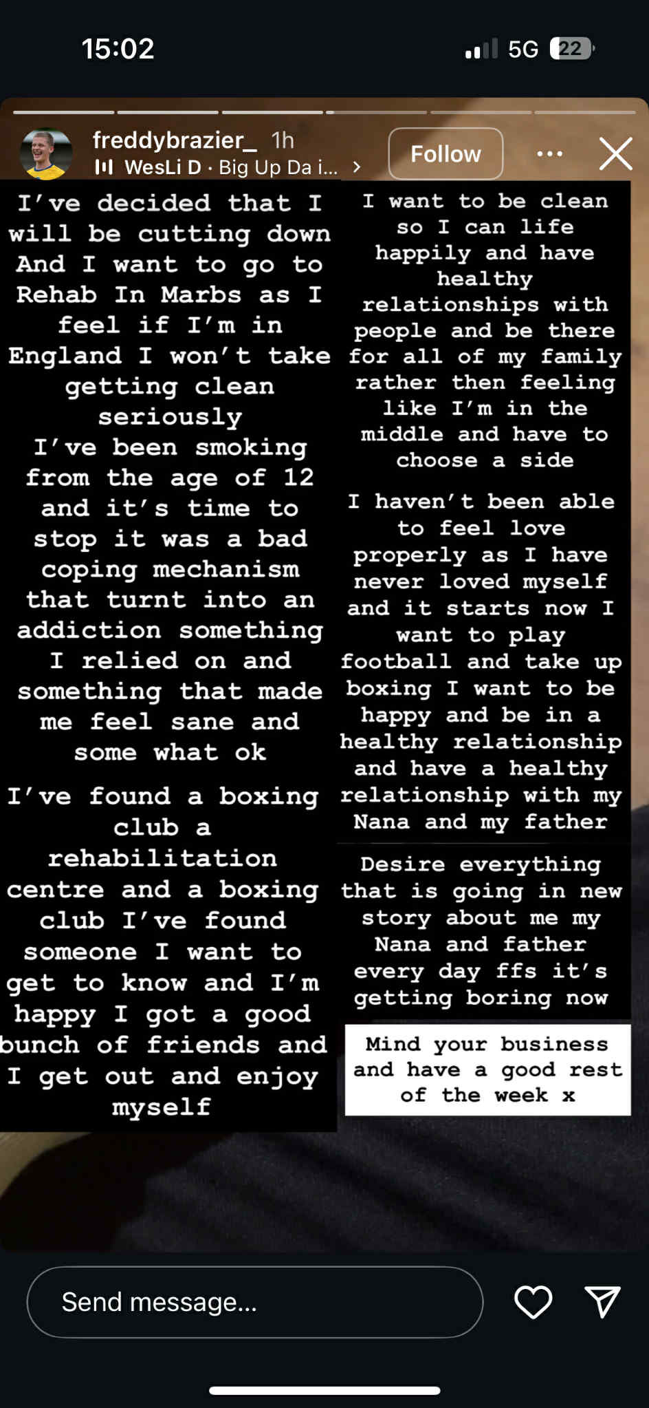 Freddy Brazier's Instagram story