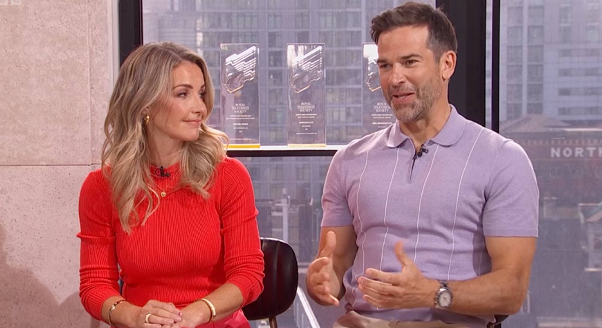 Helen Skelton looks at Gethin Jones