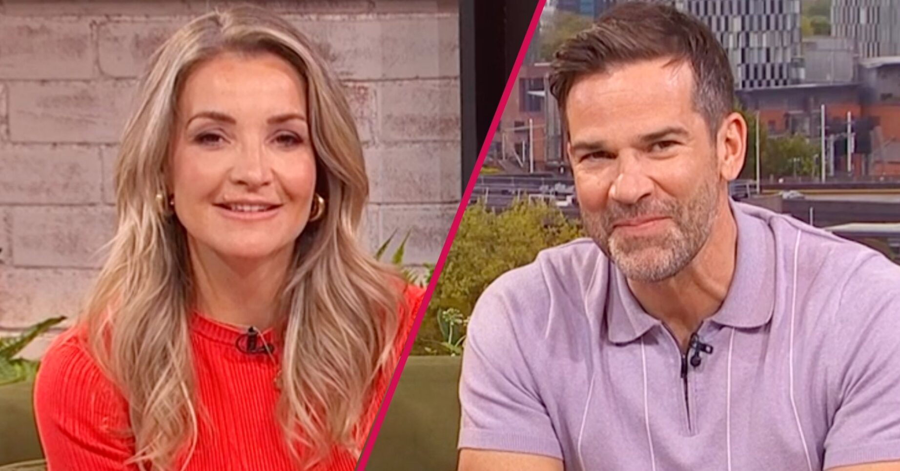 Helen Skelton smiles, Gethin Jones looks at the camera