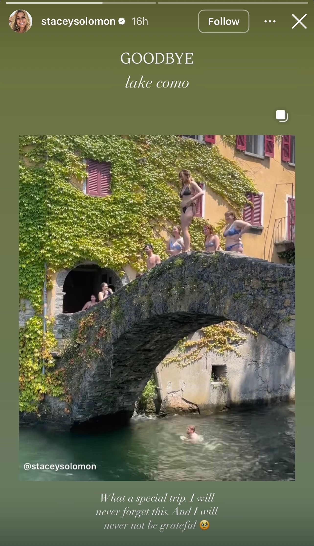 Stacey jumping into a lake