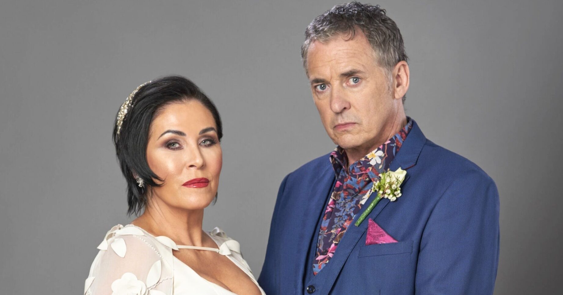 Promotional image of Kat and Alfie in their wedding gear on EastEnders (Credit: BBC/Composite: ED!)