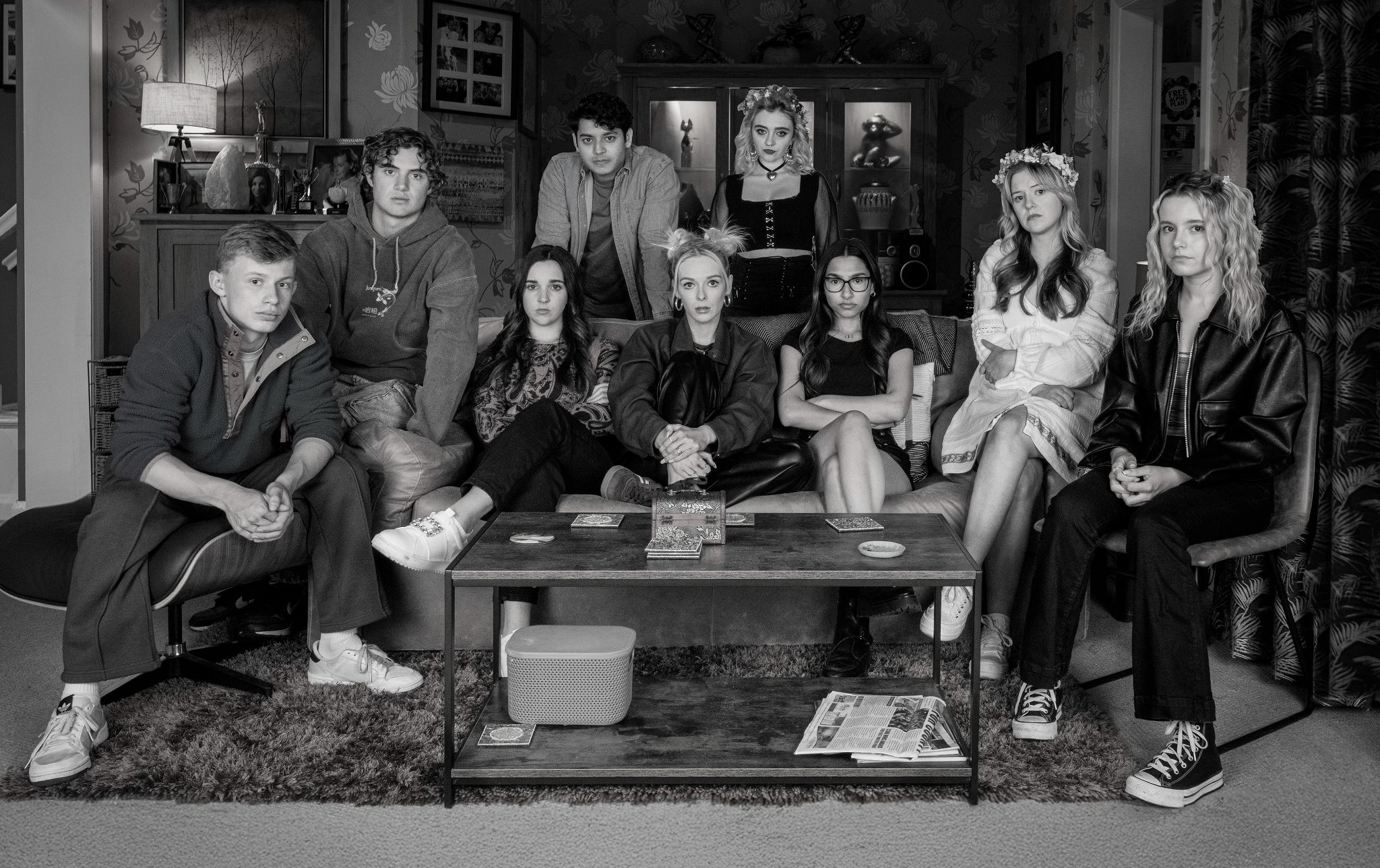 Coronation Street's younger cast at party black and white photo
