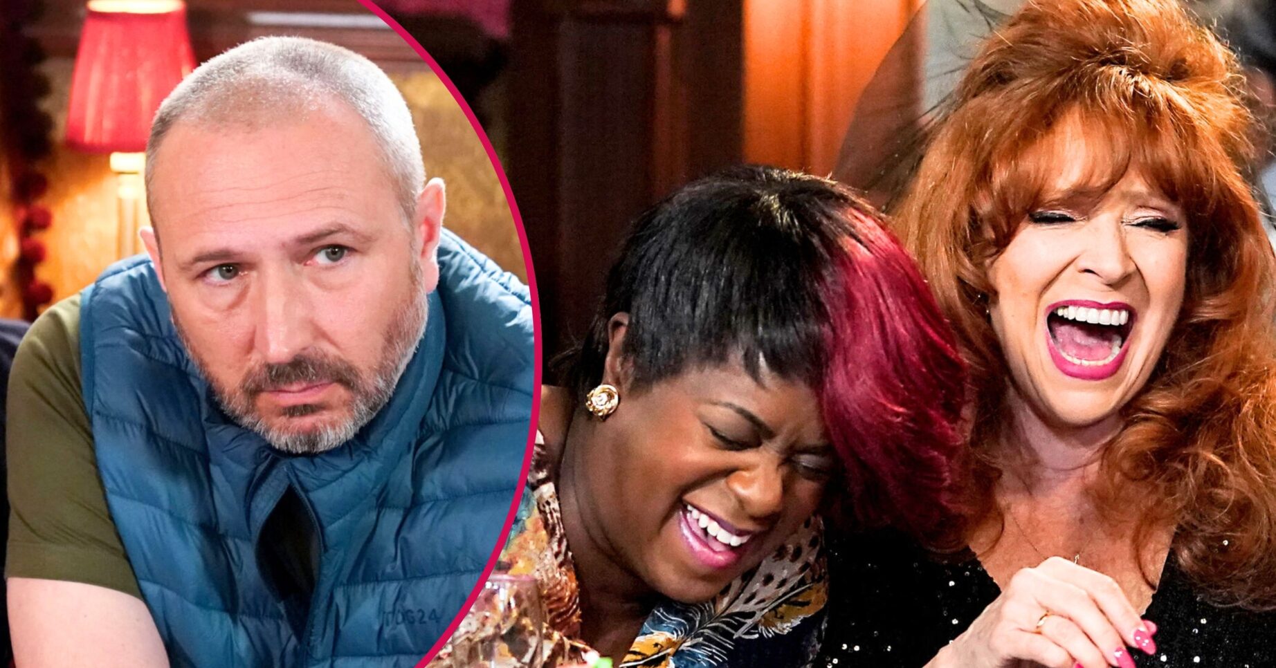 Elaine and Kim laughing riotously on EastEnders; inset, Ross looks glum (Credit: BBC/Composite: ED!)