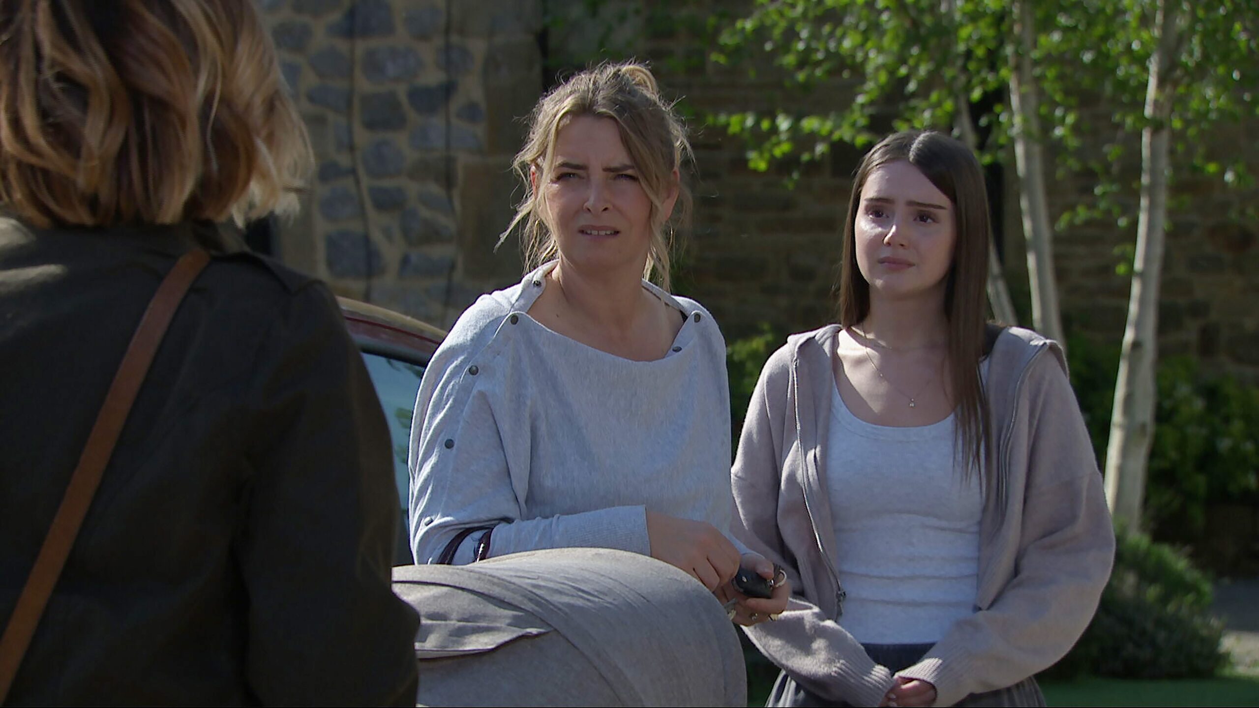 Emmerdale's Charity with Sarah outside