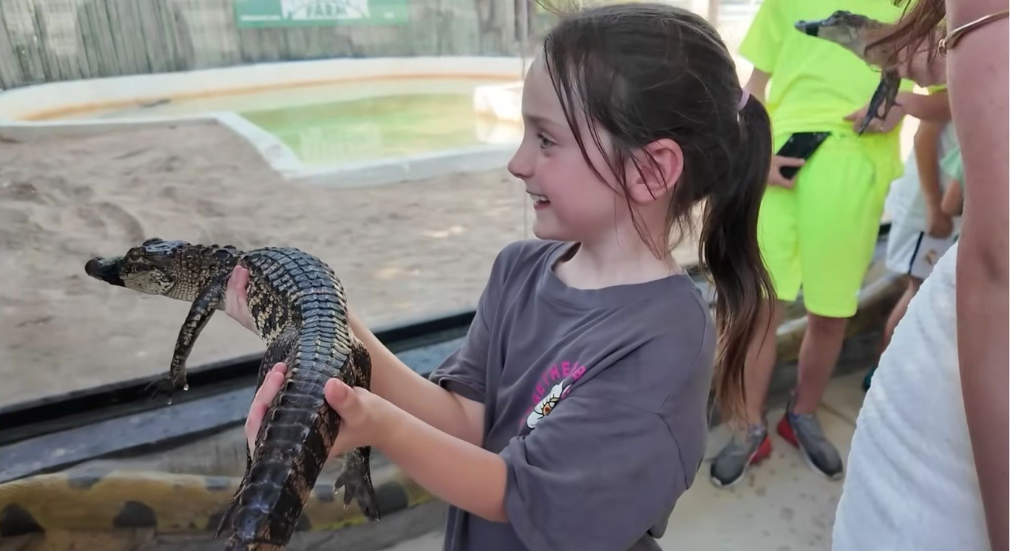 child holding an alligator 