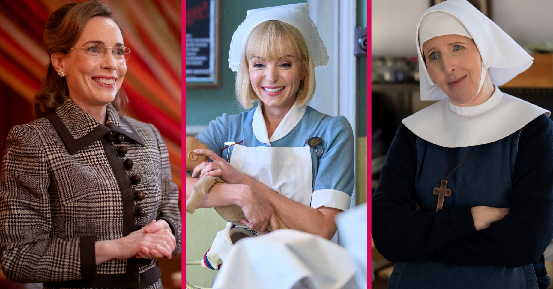 Three stars of Call the Midwife on the set of the show