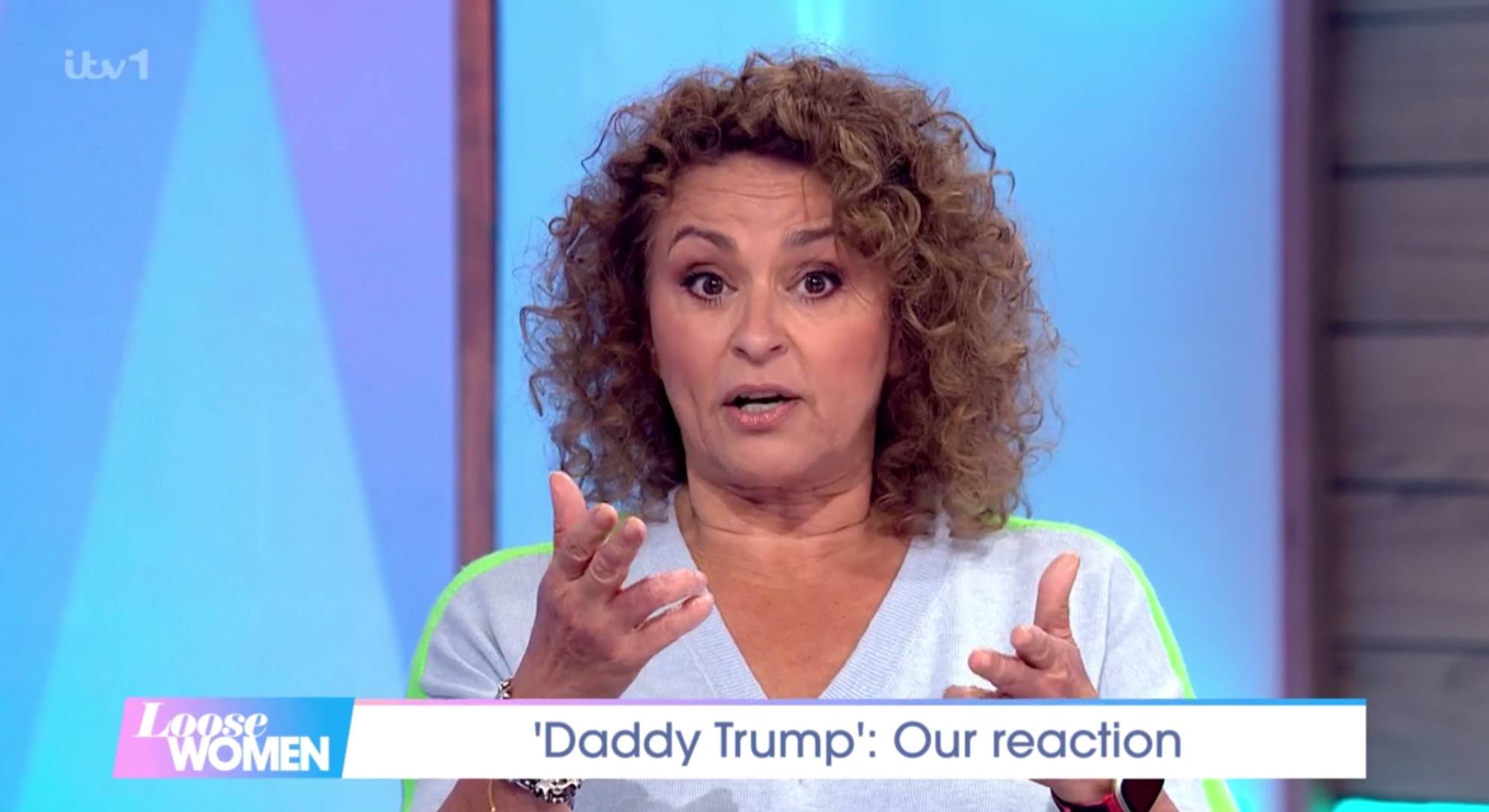Nadia Sawalha looks at the camera