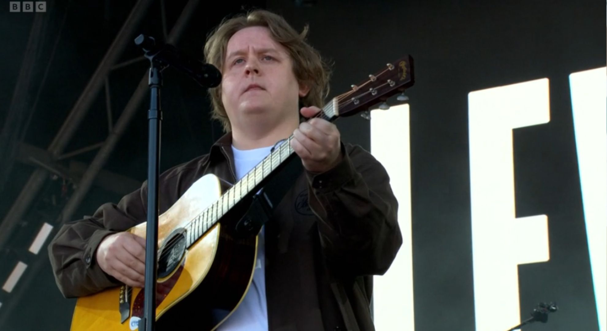 Lewis Capaldi singing at Glastonbury