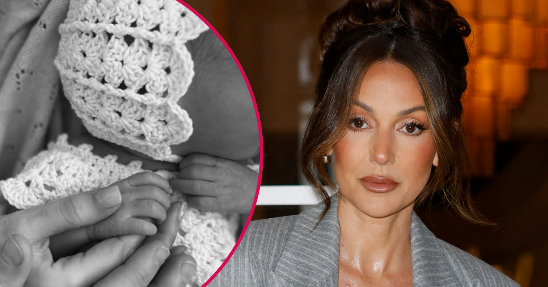 Michelle Keegan close up and baby Palma black and white shot inset