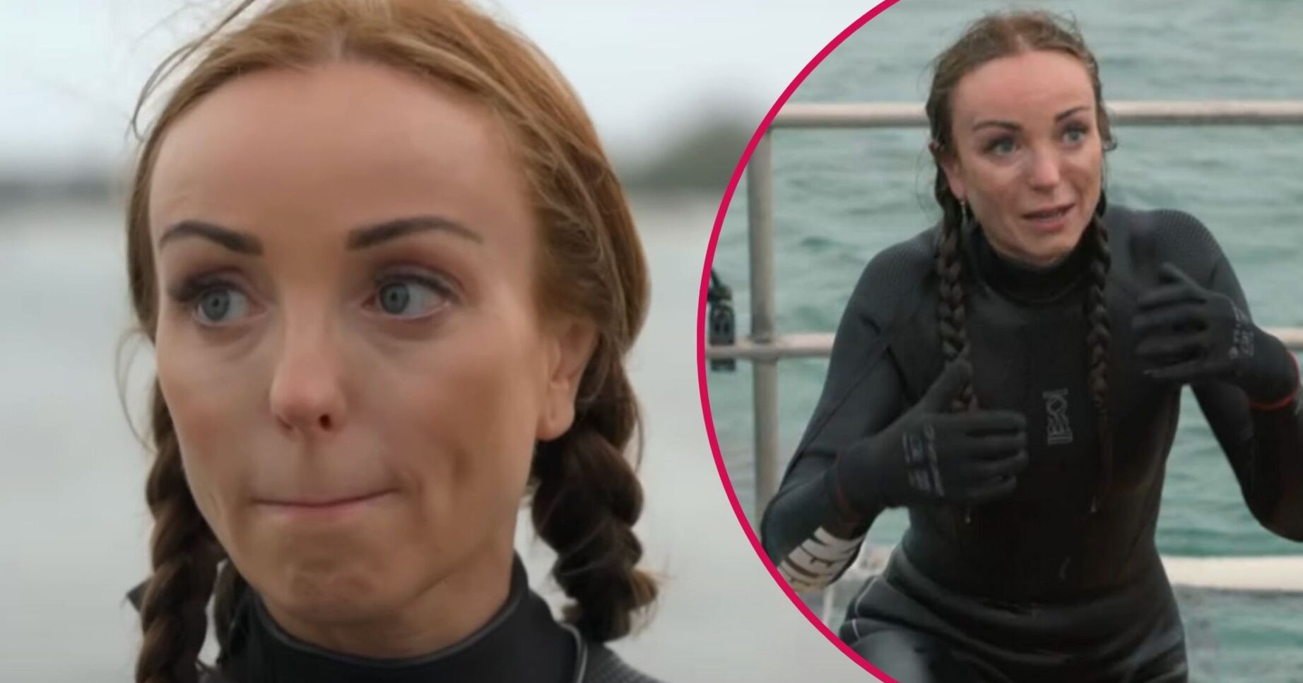 Helen George looking scared / Helen George crying in scuba diving gear