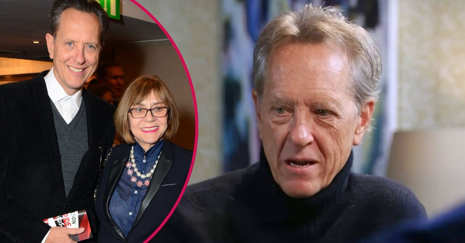 Richard E Grant on Davina McCall's podcast with a pullout image of him and his wife Joan Washington together at a press event