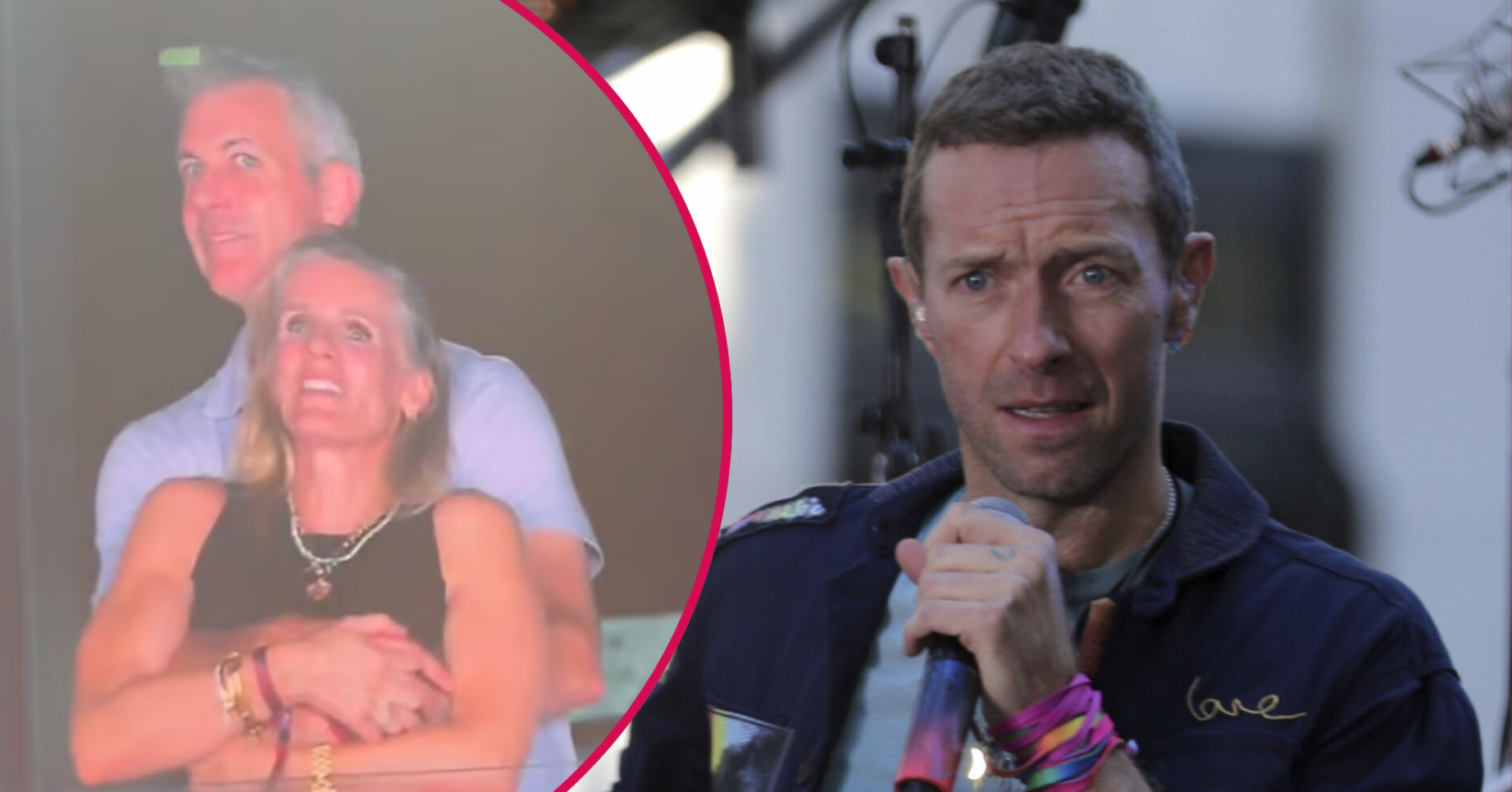 Andy Byron and Chris Martin on stage with a mic