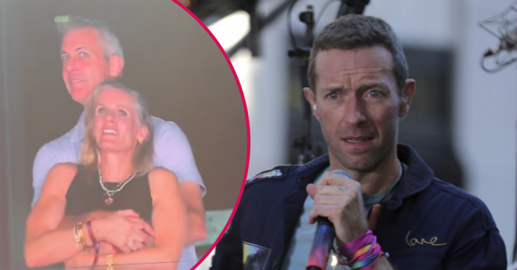 Andy Byron and Chris Martin on stage with a mic