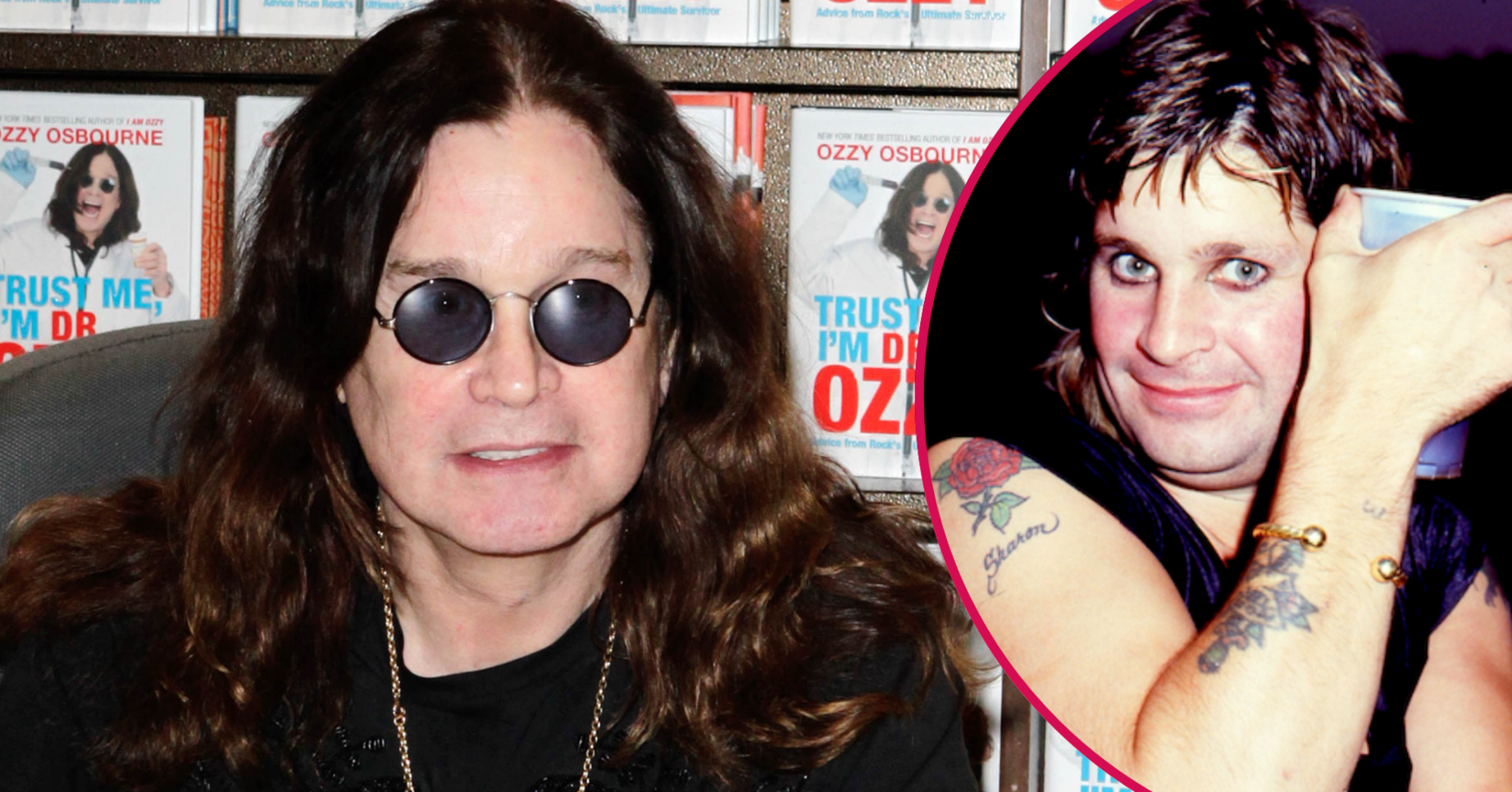 Ozzy Osbourne sitting in front of his book and in his early days