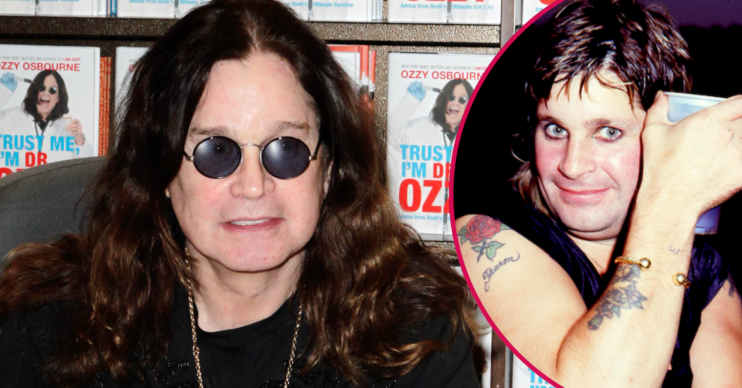 Ozzy Osbourne sitting in front of his book and in his early days