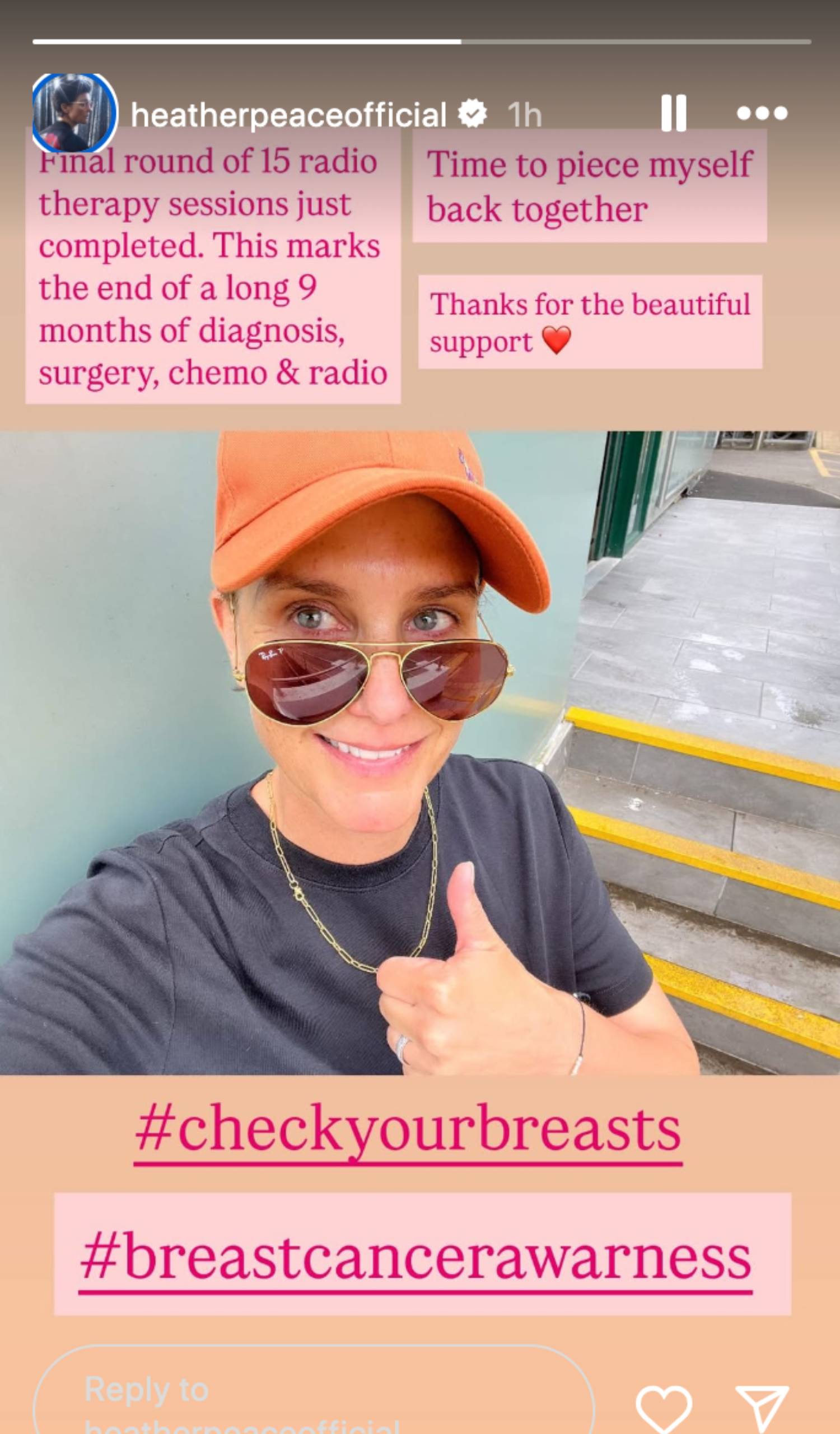 Heather Peace gives a thumbs up on Instagram