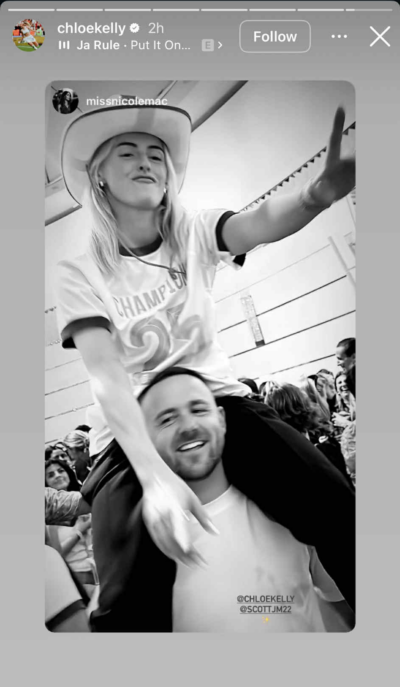 Chloe Kelly in a cowboy hat on her husband's shoulders