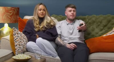 Scottish Gogglebox couple Roisin and Joe sitting on their sofa