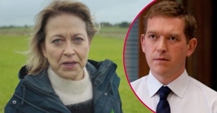 Nicola Walker looks at the camera in Annika, her husband Barnaby Kay in character in Wallander