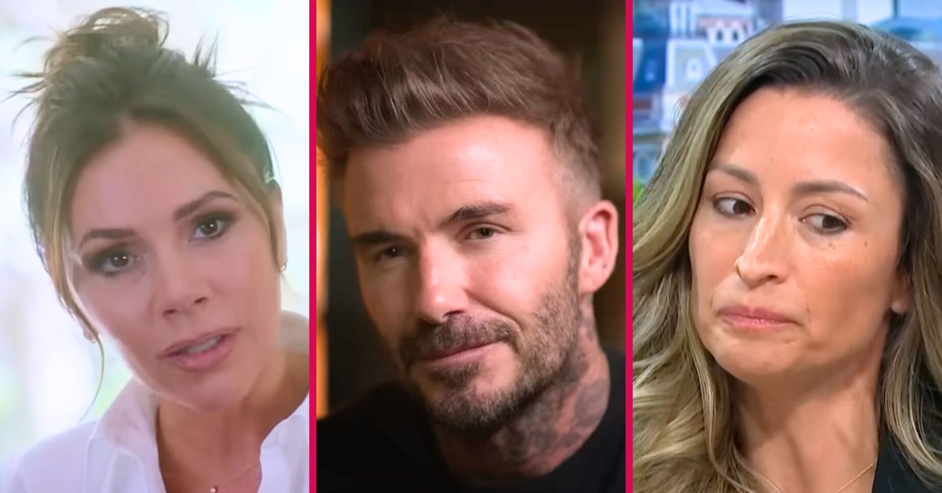 Split screen image of Victoria and David Beckham and Rebecca Loos
