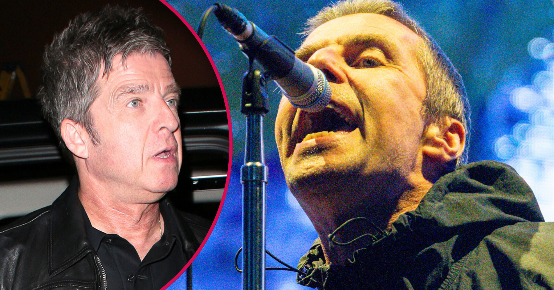 Noel Gallagher looks concerned, Liam Gallagher sings
