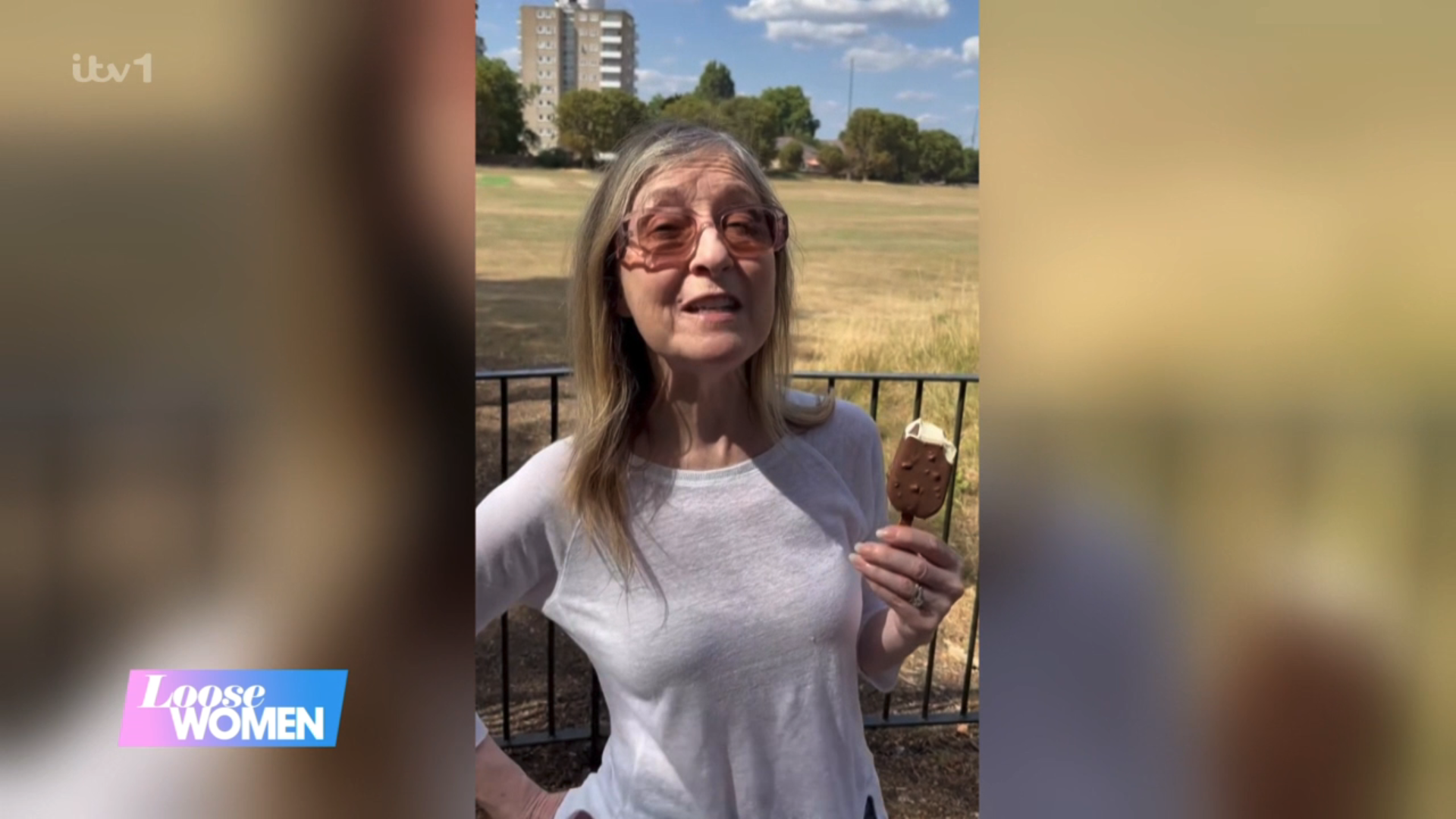 Fiona Phillips eating an ice cream