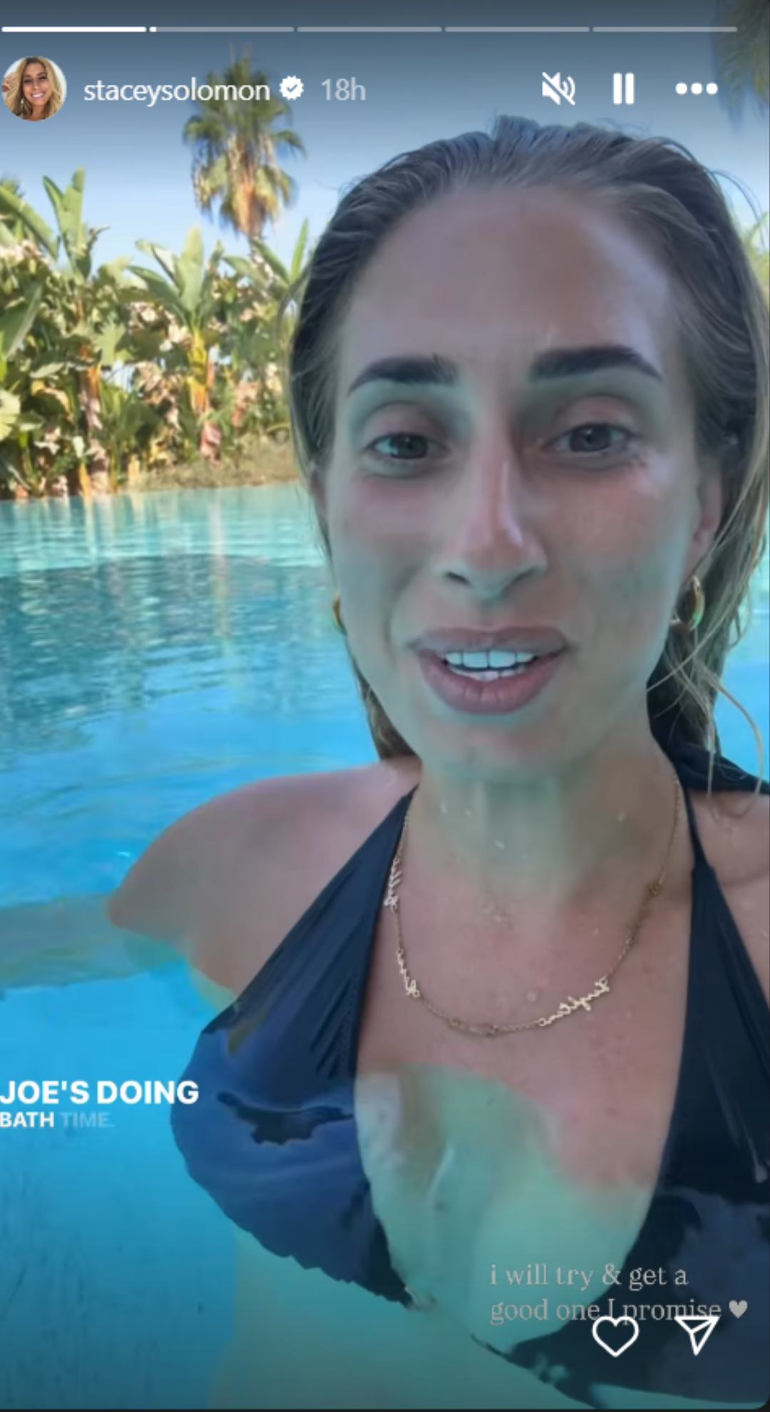 Stacey Solomon in bikini in swimming pool on her Instagram story 