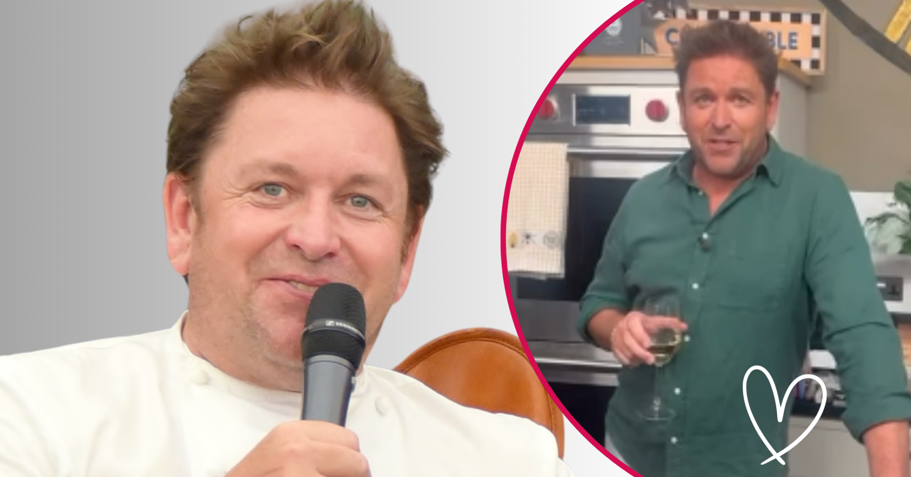 James Martin on stage and with a glass of wine in hand