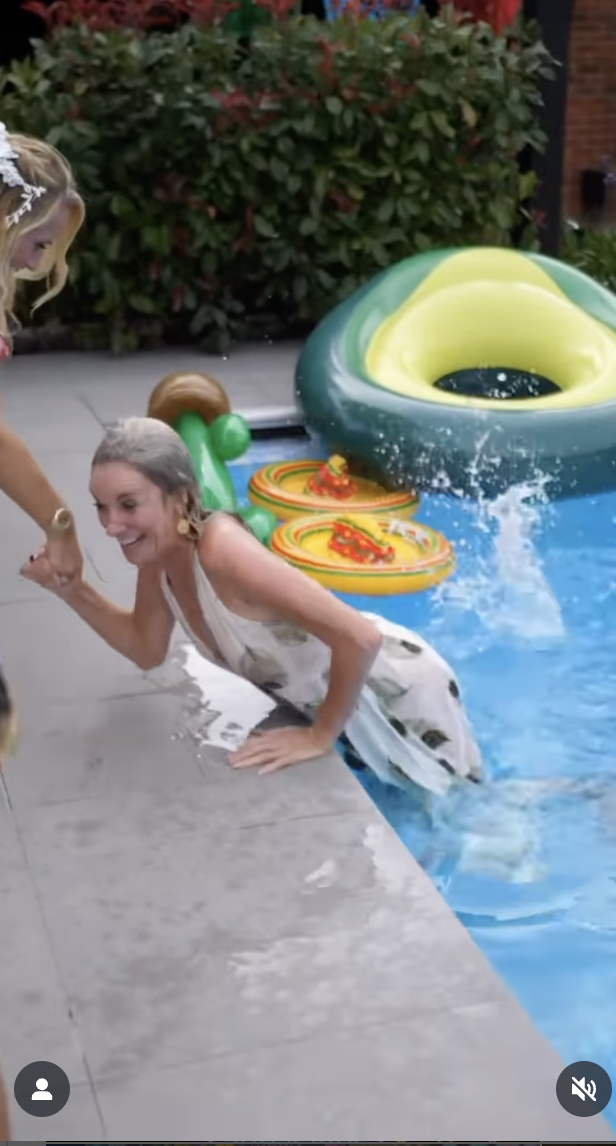 Tamzin Outhwaite getting pulled out of pool at Amanda Holden's party