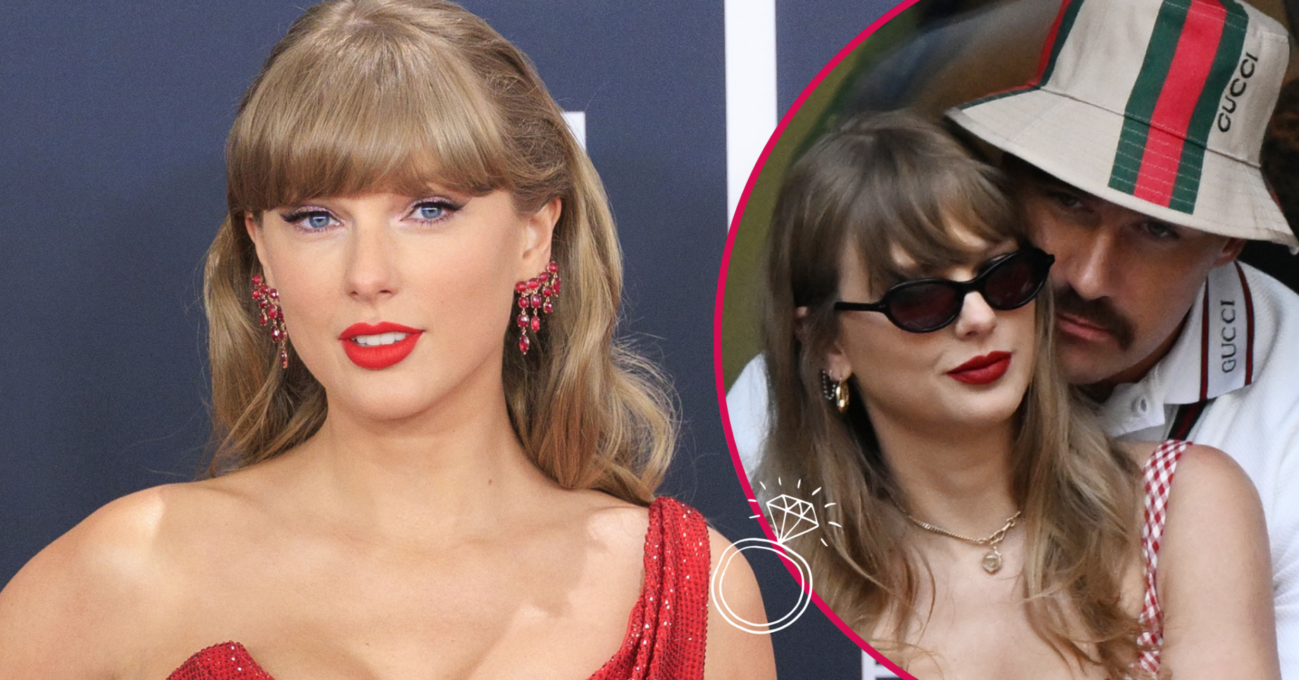 Taylor Swift wearing red and with Travis Kelce