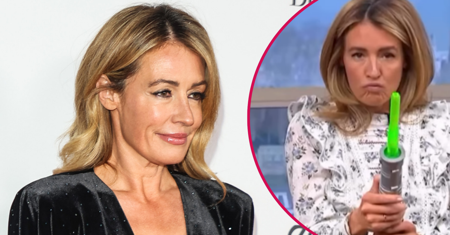 Cat Deeley smiling and on This Morning being silly with a lightsaber