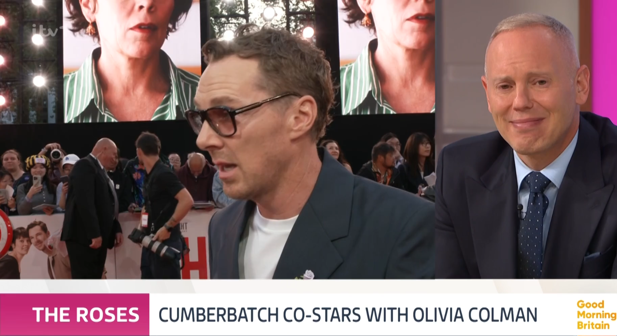 Benedict Cumberbatch at The Roses premiere and Rob Rinder watching from the GMB studio