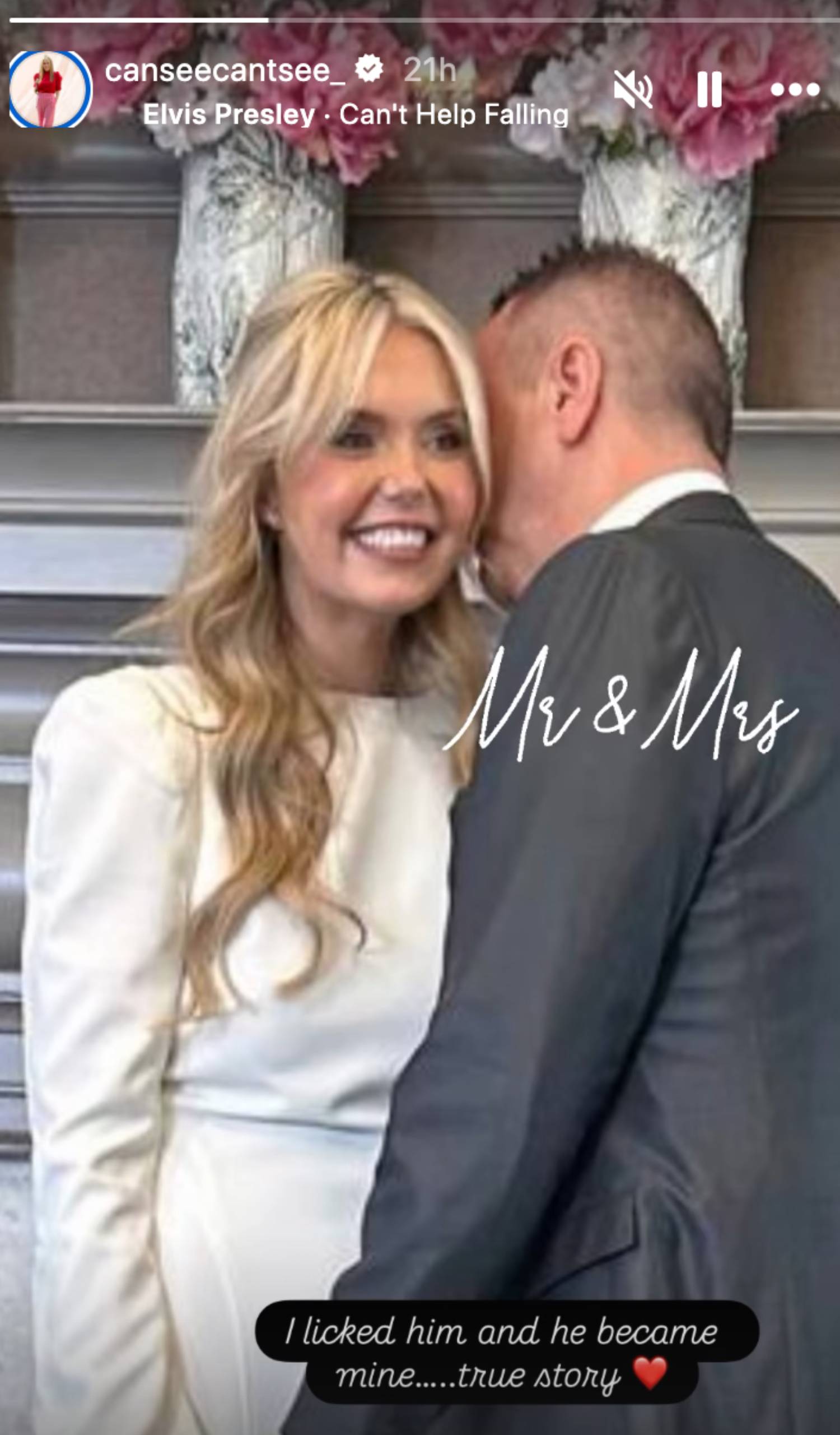 Claire Sisk receives a kiss at her wedding