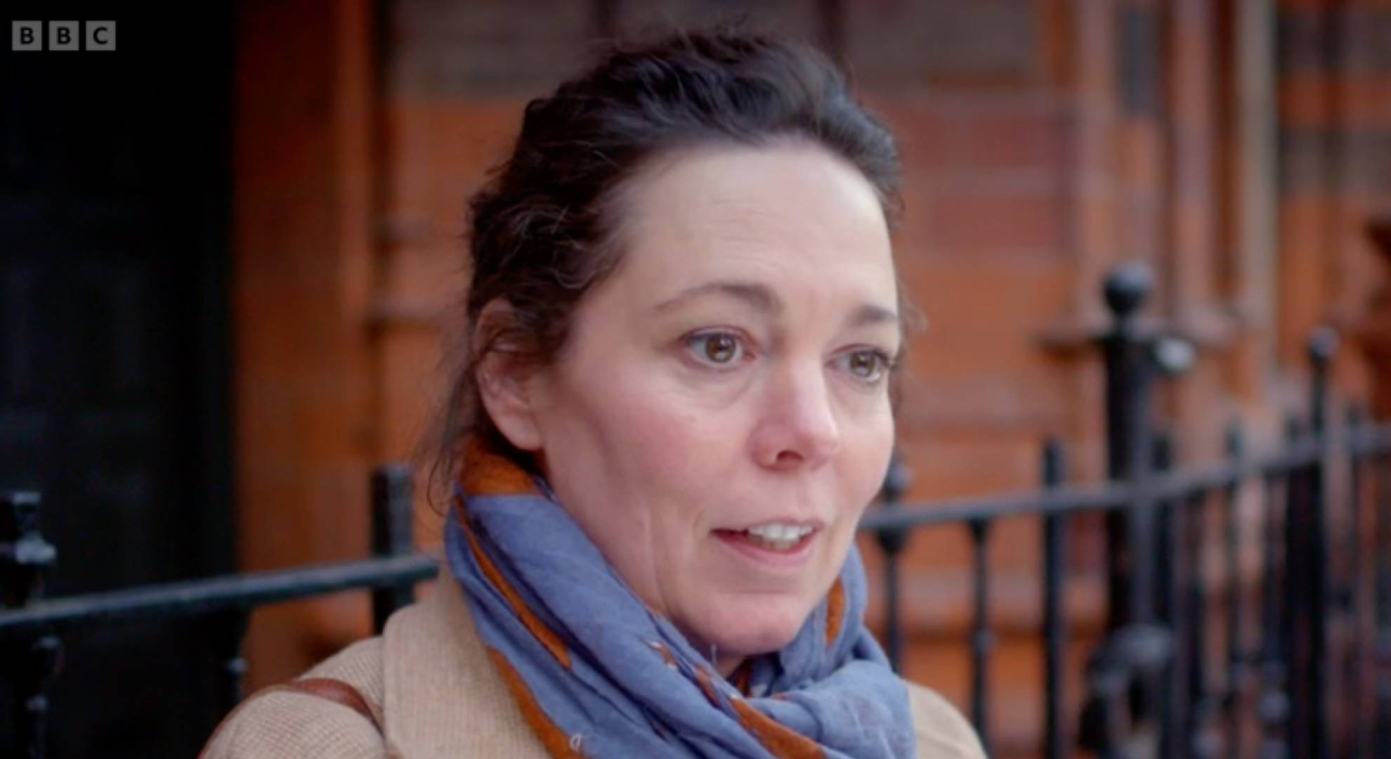Olivia Colman speaking to camera