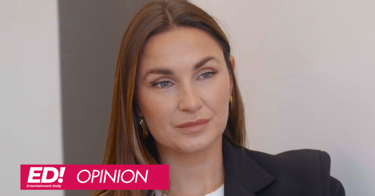 Sam Faiers looking straight faced in a black jacket