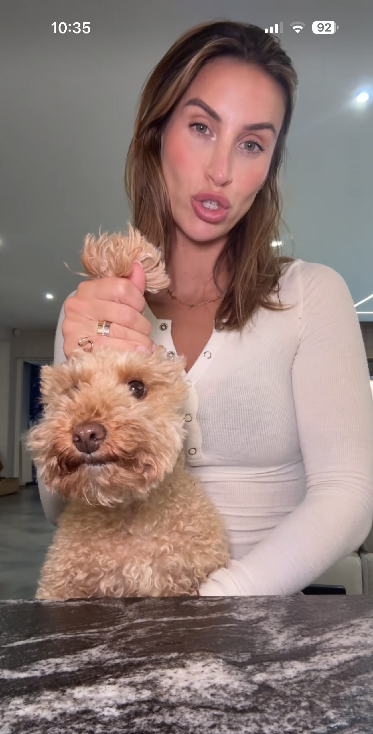 Ferne McCann holding dog Clemmie's ears in TikTok video