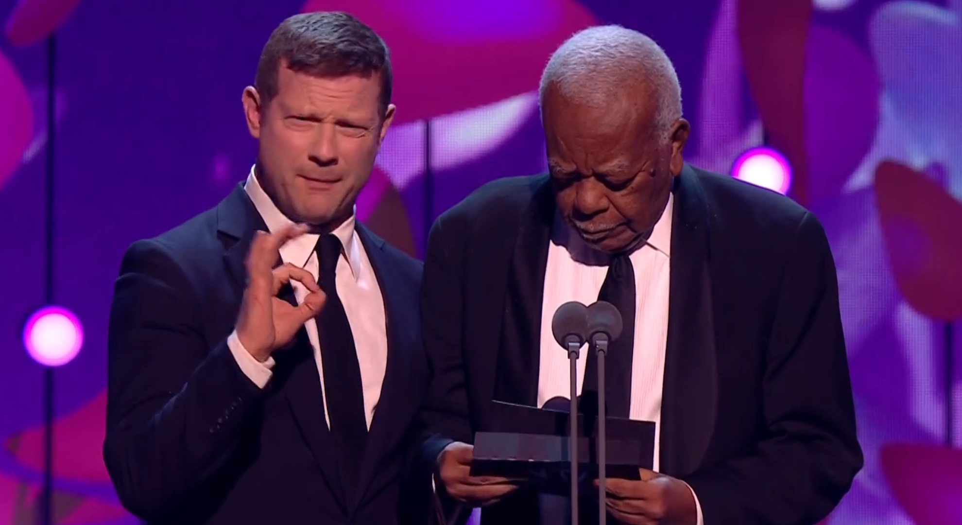 Dermot O'Leary and Trevor McDonald on the stage at NTAs