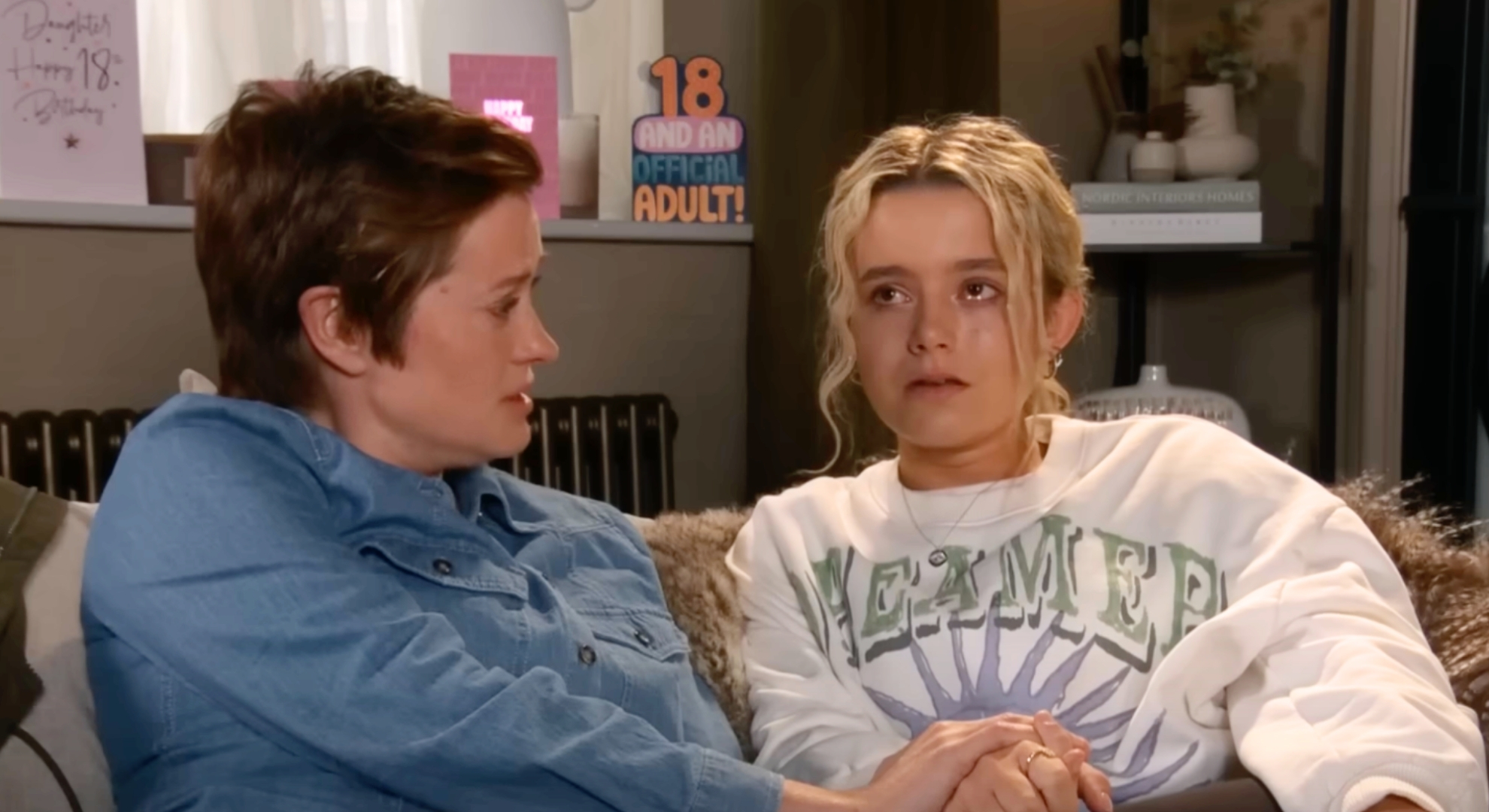 Coronation Street's Becky comforting an upset Betsy