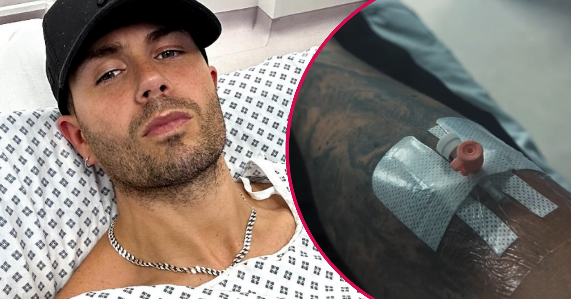 Max George in hospital and the drip in his arm