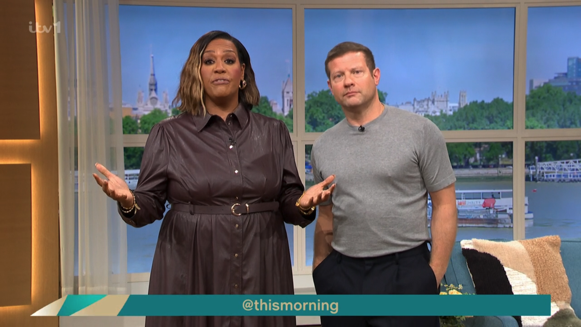 Alison Hammond in a brown dress presenting This Morning with Dermot O'Leary